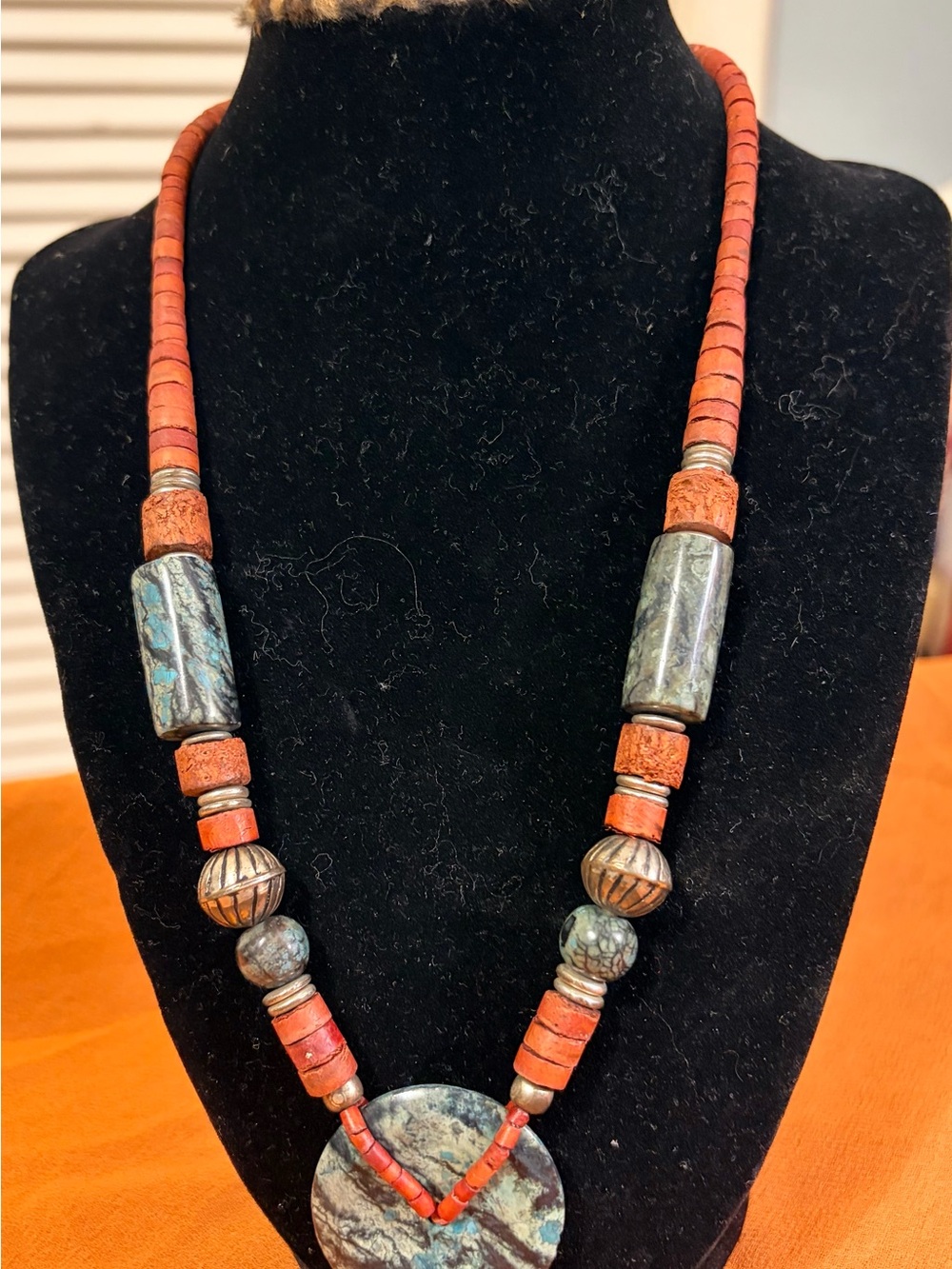 Artisian Blue-Green Stone & Coral Bead Women's Necklace